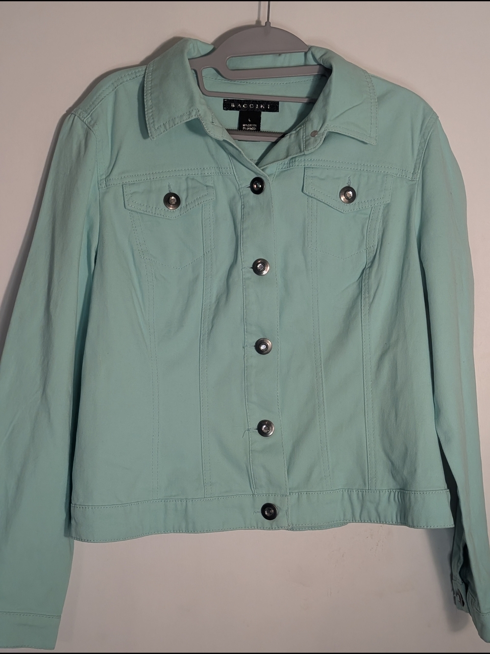 Baccini Mint Green Stretch Denim Jacket with Rhinestone Buttons - Size L
